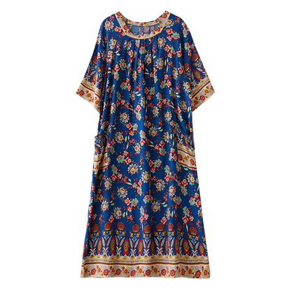 XITAO Flower Pleated Print O-neck Dress Casual Loose Fitting Ethnic Style Simple Pullover Summer Women Dress ZMY1098