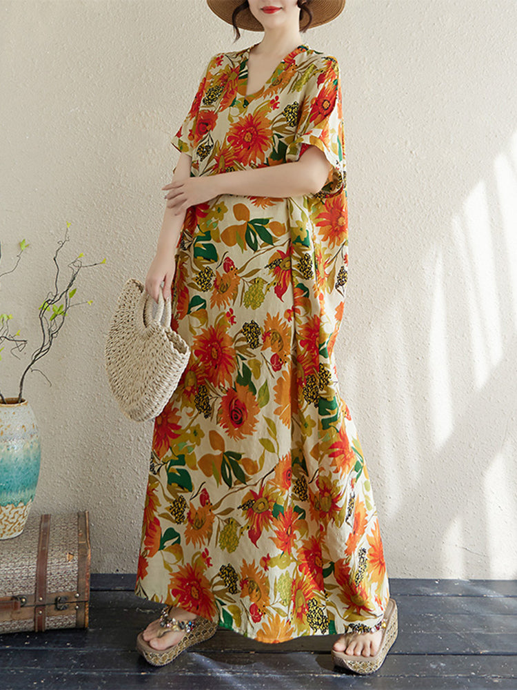 XITAO V-neck Print Dress Short Sleeve Casual Loose Fitting Slimming Elegant Pullover Summer Women Dress ZMY1107