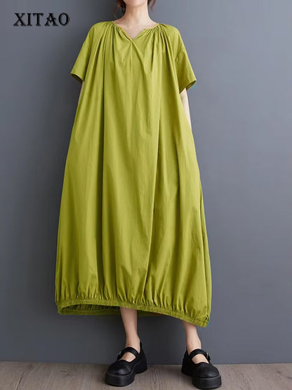 XITAO Pleated Solid Color Simplicity A-line Dress Loose V-neck Short Sleeve Fashion All-match Summer Women New Dress WLD20245