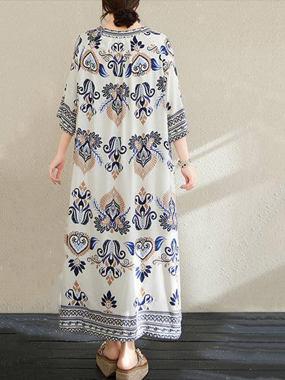 XITAO Print Half Sleeve Dress Casual A-line O-neck Simple Pullover Ethnic Style Personality Loose Fitting Women Dress ZMY1097