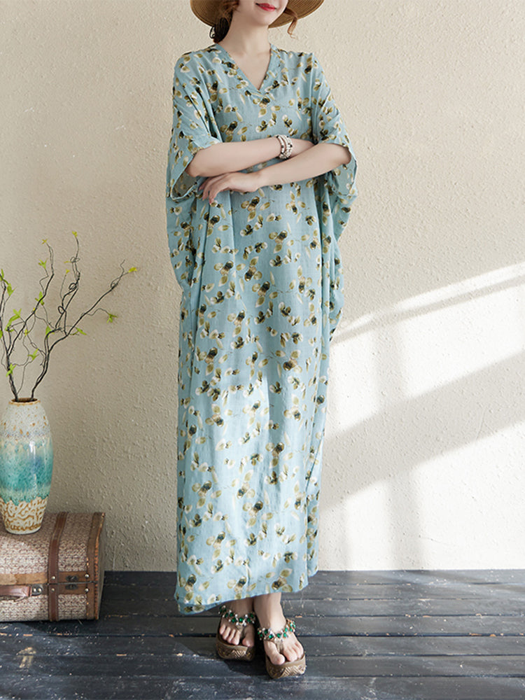 XITAO Vacation Style Loose V-neck Dress Print Pullover Batwing Sleeve Vintage Slimming Ankle-Length All Match Dress  ZMY1002