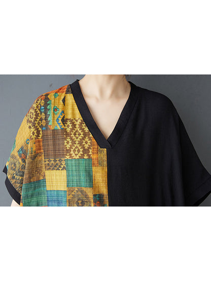 XITAO Pocket Patchwork Contrast Color Dress V-neck Pullover Short Sleeve Loose Slimming All Match Casual Dress ZMY1083