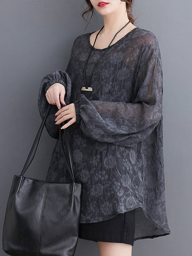 XITAO Jacquard O-neck T-shirt Casual Loose Fitting Full Sleeve Slimming Comfortable Pullover Solid Color Women T-shirt ZMY1127