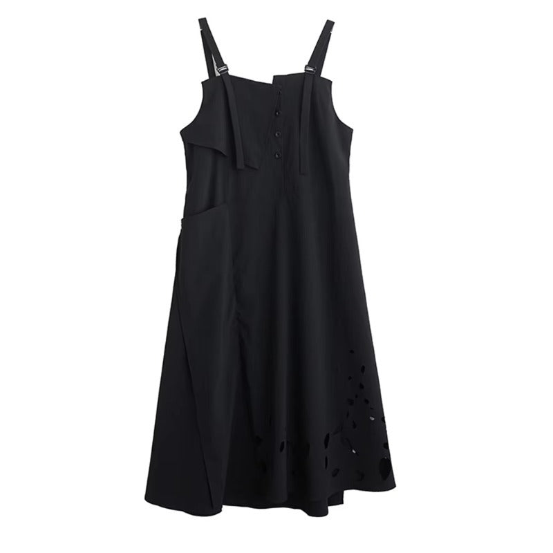 XITAO Hollow Out Solid Color Dress Loose Vintage Casual Sleeveless Asymmetrical Simple Patchwork Summer Woman Dress ZMY1401