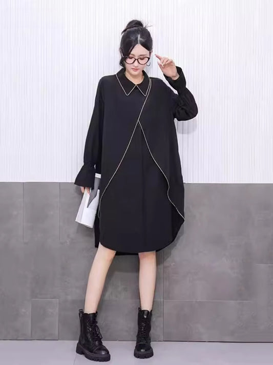 XITAO Asymmetrical Split Turn-down Collar Dress Long Sleeve Patchwork Pullover Hong Kong Loose Temperament Dress GYX1521