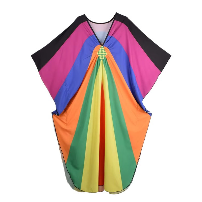 XITAO Side Slit Vintage Loose Dress Contrast Color V-neck Casual Print Personality All-match Elegant Summer Woman Dress GJ1165