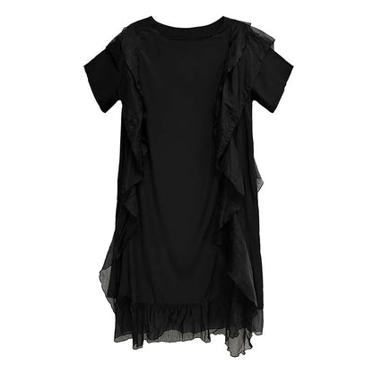 XITAO Irregular Patchwork Ruffles Mesh Dress Solid Color O-neck Loose Casual Temperament Personality Summer Woman Dress ZMY1270