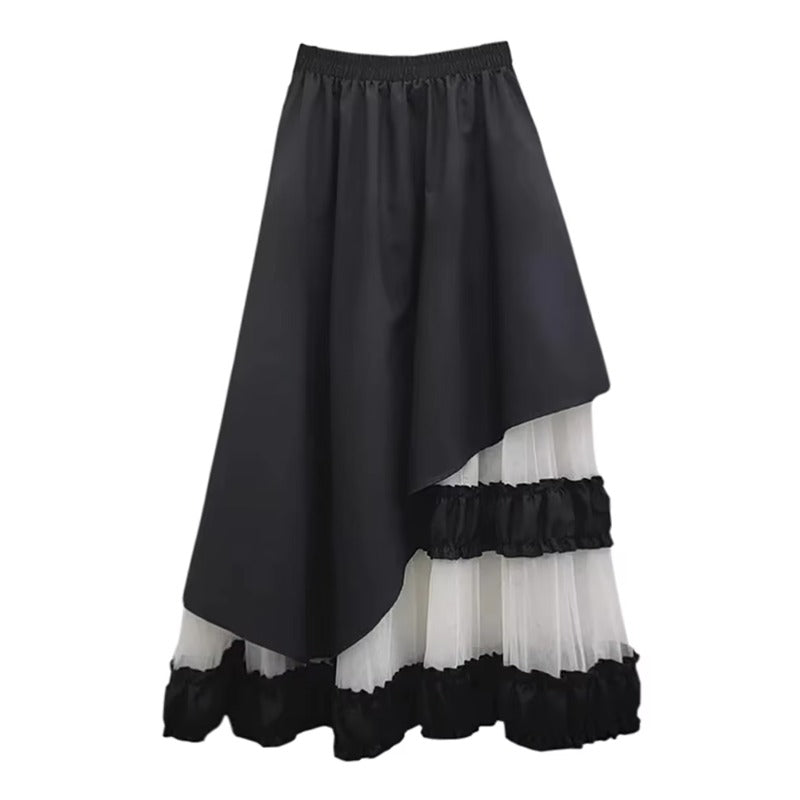 XITAO Gauze Patchwork Contrast Color Asymmetrical Skirt Elastic Waist Loose Casual Temperament A-line Slimming Skirt ZMY1352