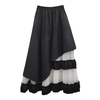 XITAO Gauze Patchwork Contrast Color Asymmetrical Skirt Elastic Waist Loose Casual Temperament A-line Slimming Skirt ZMY1352