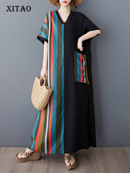 XITAO Stripe Patchwork V-neck Dress Half Sleeve A-line Asymmetrical Casual Loose Fitting Simple Women Dress ZMY1118