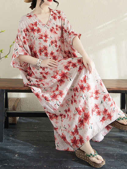XITAO Batwing Print Flower Leisure Dress A-line V-neck Casual Half Sleeve Thin Vintage Sweet Summer Female Dress ZMY1006