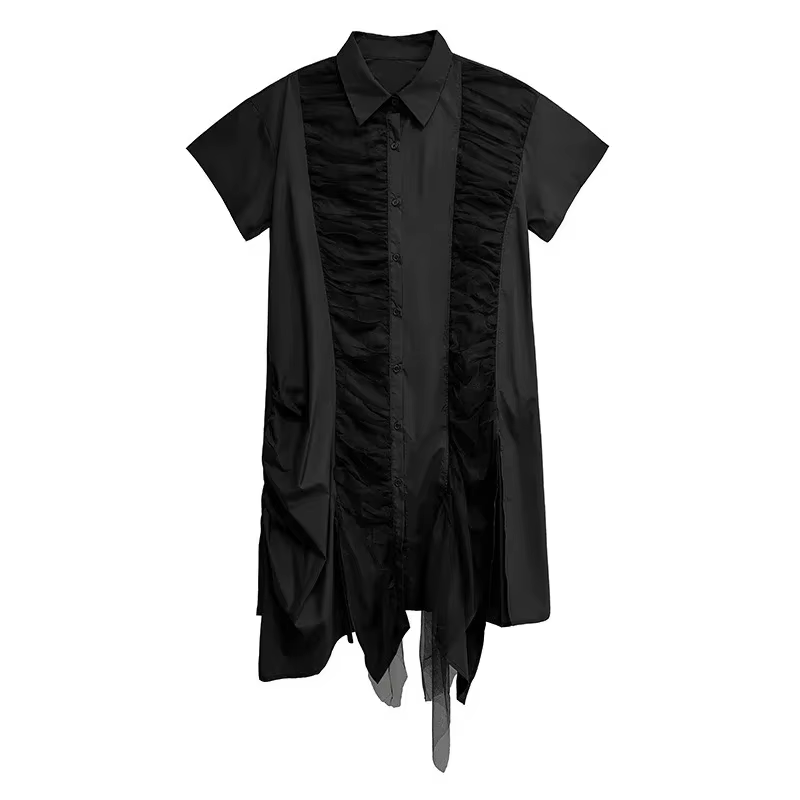 XITAO Pleated Single Breasted Turn-down Collar Dress Mesh Short Sleeve Asymmetrical Fashion A-line Summer Women Dress ZMY1201