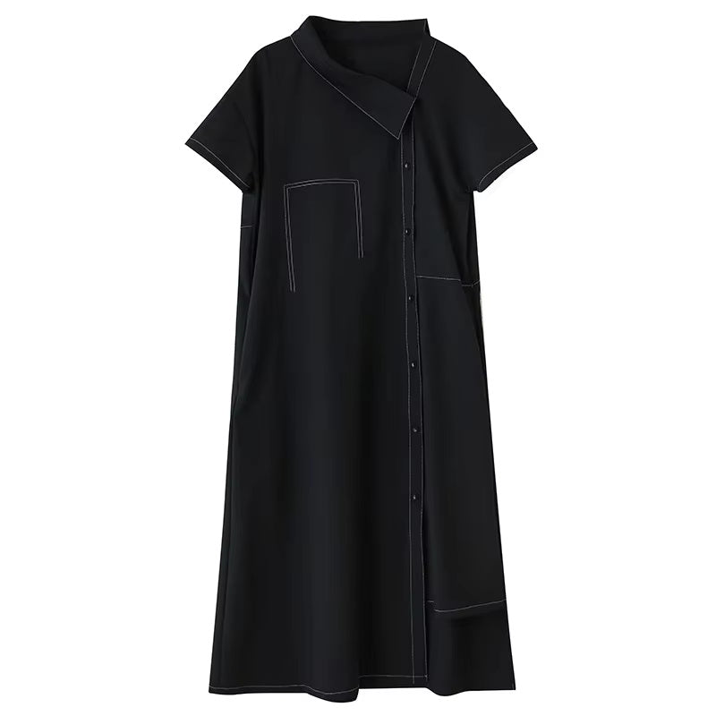XITAO Irregular Single Breasted Dress Short Sleeve Vintage Loose Casual A-line Slimming Solid Color Summer Woman Dress ZMY1377