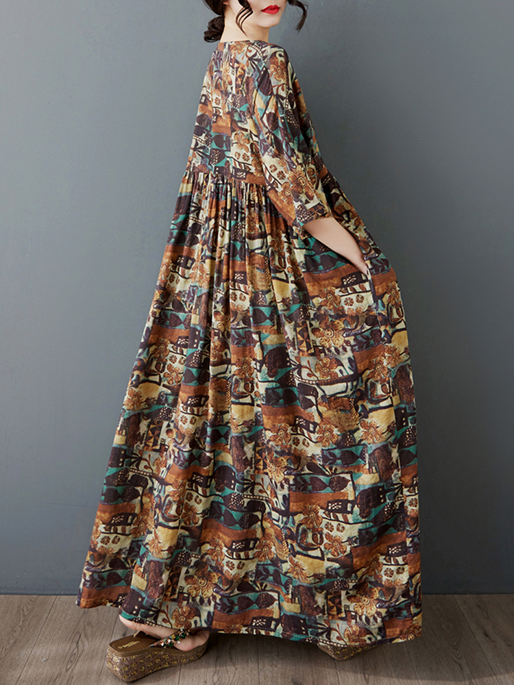 XITAO Print Pleated Dress O-neck A-line Casual Loose Fitting Half Sleeve Slimming Comfortable Women Dress ZMY1043