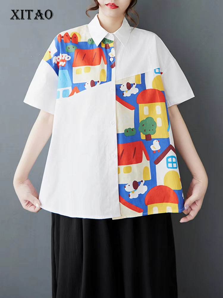 XITAO Patchwork Cartoon Half Sleeve Shirt Casual Turn-down Collar Simple Single Breasted Elegant Summer Female Blouse GYX1533