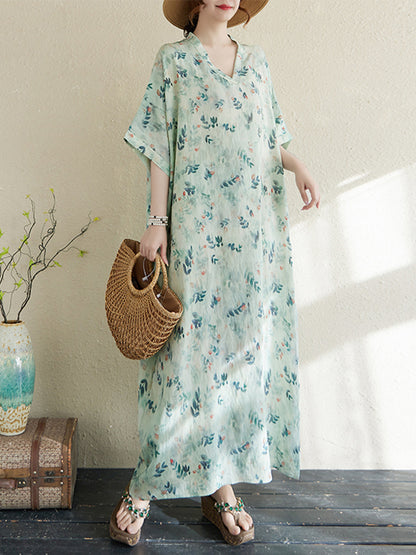 XITAO Floral Print Half Sleeve Dress Casual Fitting Vintage A-line Versatile Loose and Comfortable Thin Summer Dress ZMY1004
