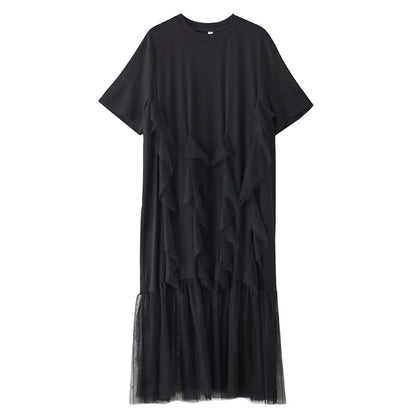 XITAO Gauze Patchwork Asymmetrical Dress Solid Color Pullover O-neck Short Sleeve A-line Slimming All Match Casual Dress ZMY1355