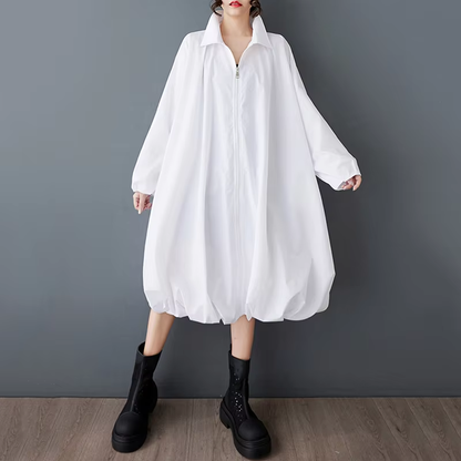 XITAO Loose Vintage Zipper Dress Simple Solid Color Long Sleeve Women Personality Hem Casual Turn-down Collar Dress ZMY1056