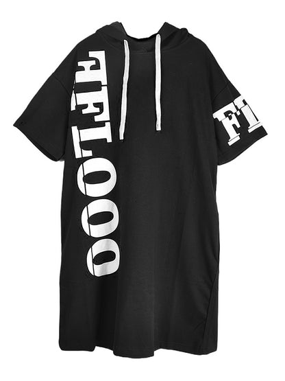 XITAO Hooded Letter Printing Drawstring Dress Casual Loose Fitting Knee-length Half Sleeve Pullover Summer Women Dress GMM1194