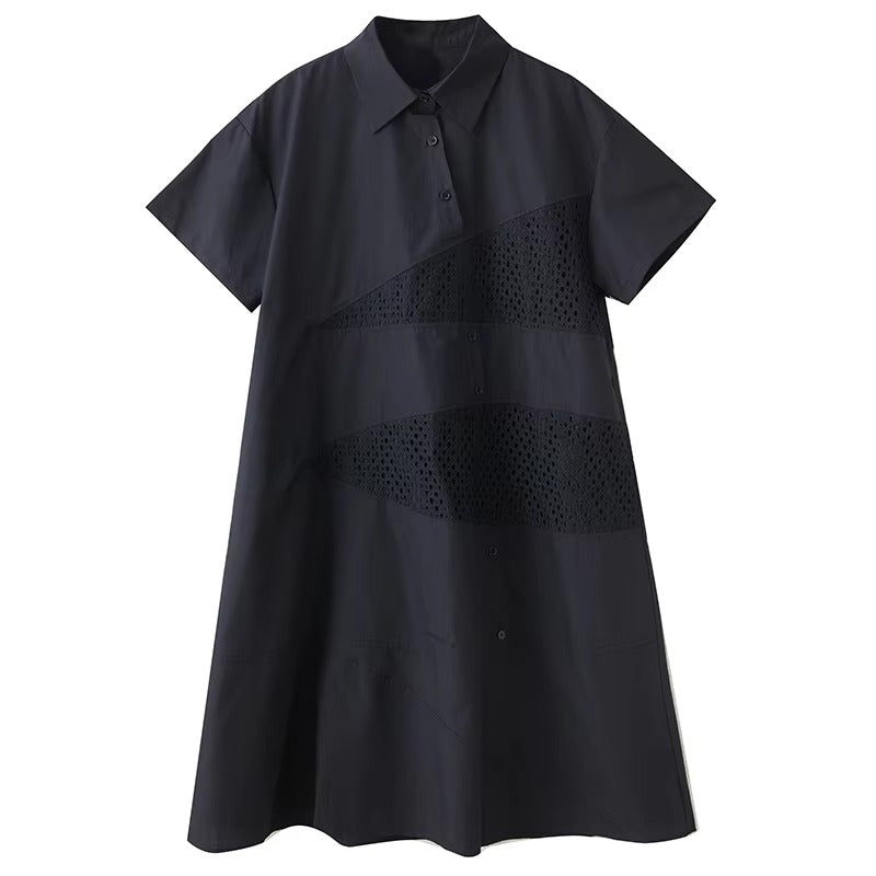 XITAO Patchwork Turn-down Collar Loose Dress Slimming Gauze Solid Color Short Sleeve Fashion Casual Summer Woman Dress HQQ2507
