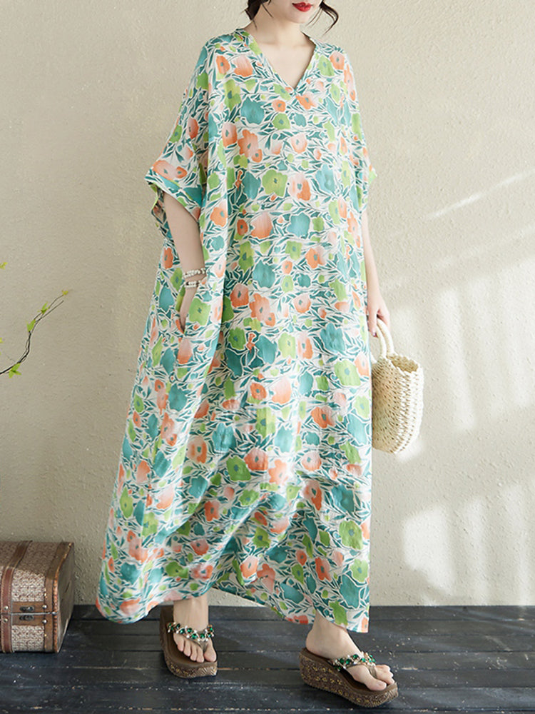 XITAO Batwing Sleeve Flower V-neck Dress Casual Loose Fitting Simple Floral A-line Half Sleeve Popular Leisure Female Dress ZMY1008