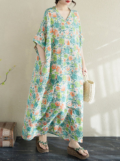 XITAO Batwing Sleeve Flower V-neck Dress Casual Loose Fitting Simple Floral A-line Half Sleeve Popular Leisure Female Dress ZMY1008