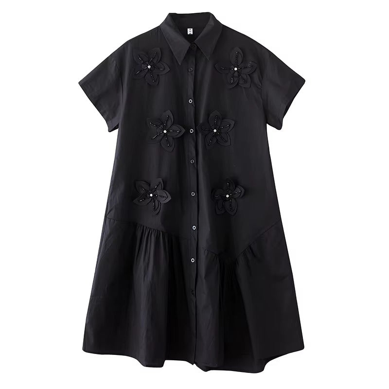 XITAO Flower Turn-down Collar Short Sleeve Dress Solid Color Irregular Patchwork Loose Casual Sweet Summer Woman Dress ZMY1386