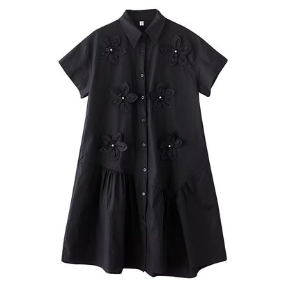 XITAO Flower Turn-down Collar Short Sleeve Dress Solid Color Irregular Patchwork Loose Casual Sweet Summer Woman Dress ZMY1386