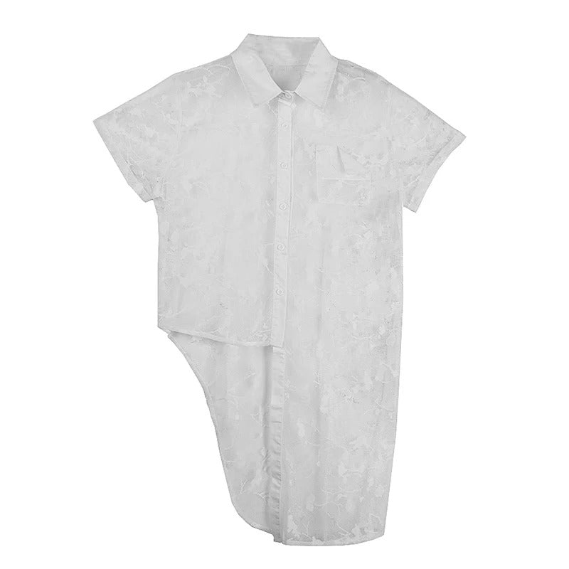 XITAO Asymmetrical Turn-down Collar Dress Single Breasted Solid Color A-line Patchwork Mesh New Summer Women Dress ZMY1360