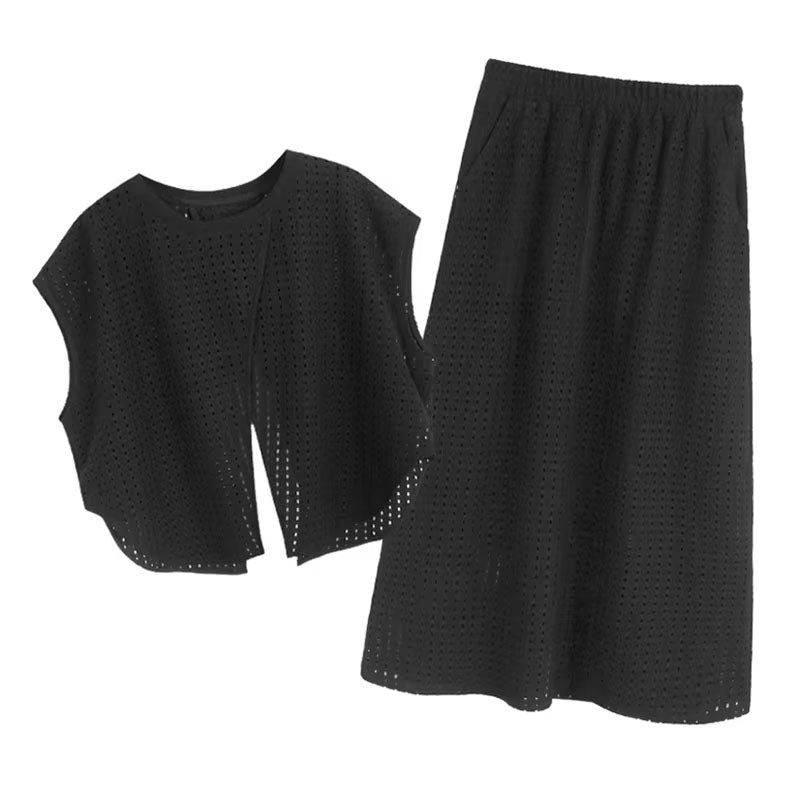 XITAO Hollow Out Asymmetric O-neck Women Sets Loose Solid Color Top Women A-line Simple Elastic Waist Casual Skirt HOO GYX1649
