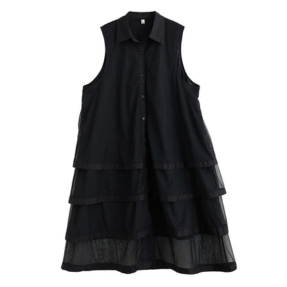 XITAO Patchwork Mesh Turn-down Collar Dress Casual A-line Sleeveless Fashion All Match Single Breasted Women Dress GYX1659