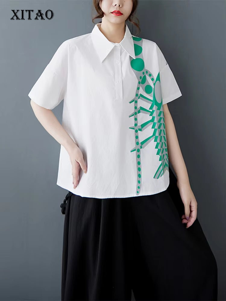 XITAO Print Irregular Half Sleeve Shirt Casual Turn-down Collar Loose Fit Vintage Single Breasted Summer Women Blouse GYX1534