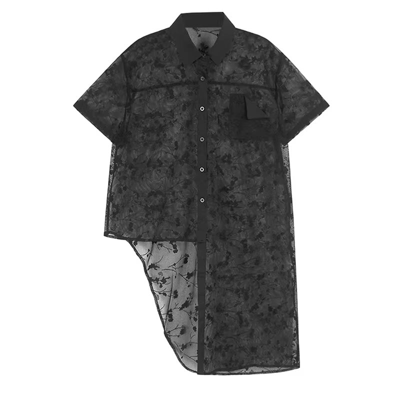 XITAO Asymmetrical Perspective Dress Single Breasted Turn-down Collar Solid Color Short Sleeve Casual Match Shirt Dress ZMY1374