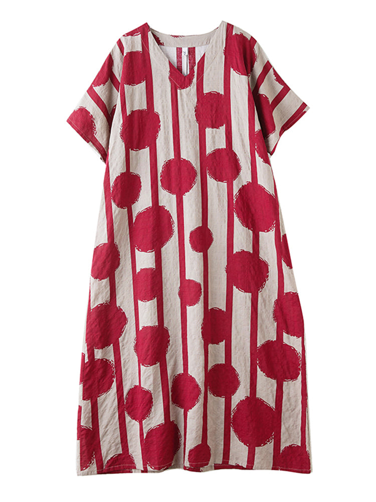 XITAO Dot Print Striped Contrast Color Dress V-neck Pullover Short Sleeve Ankle-Length Loose Casual Slimming Dress ZMY1086