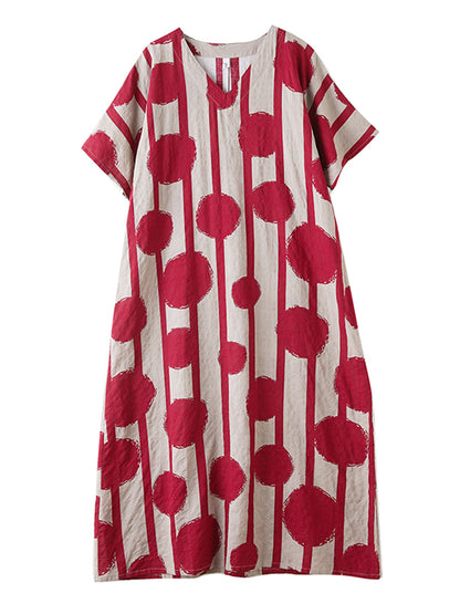 XITAO Dot Print Striped Contrast Color Dress V-neck Pullover Short Sleeve Ankle-Length Loose Casual Slimming Dress ZMY1086