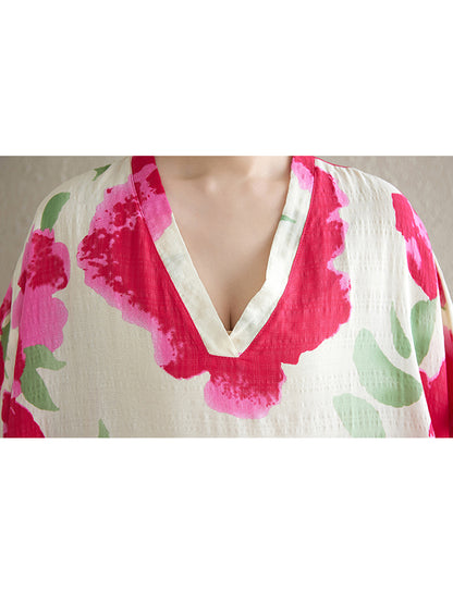 XITAO Contrast Color V-neck Pullover Dress Ankle-Length Loose Short Sleeve Casual Summer Temperament All Match Dress ZMY1087