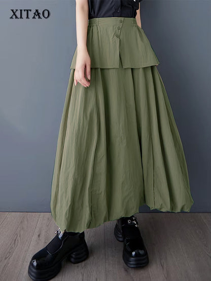 XITAO Bud Button False Two Pieces Skirt Casual Solid Color Elastic Waist Loose Fitting A-line New Summer Women Skirt ZMY1192