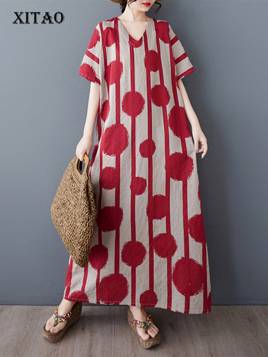 XITAO Dot Print Striped Contrast Color Dress V-neck Pullover Short Sleeve Ankle-Length Loose Casual Slimming Dress ZMY1086