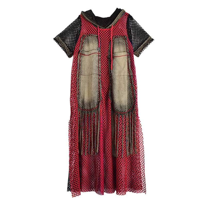 XITAO Hollow Out Patchwork Trend Dress Loose Contrast Color Short Sleeve Casual Personality Hooded Summer Woman Dress HQQ2510
