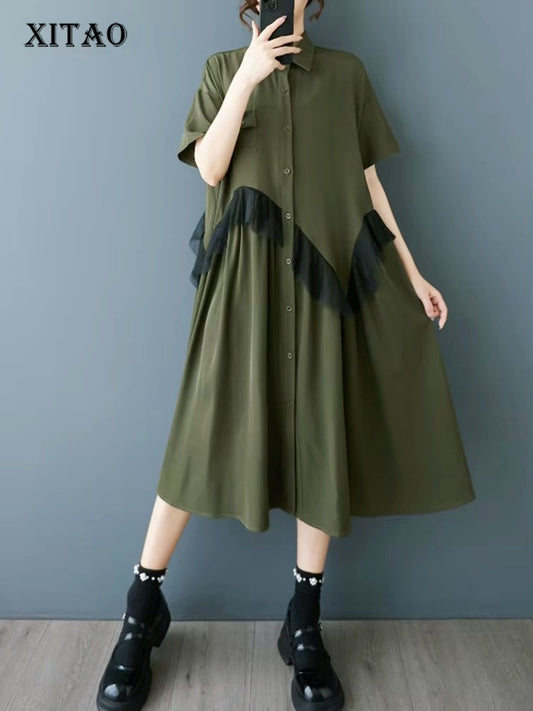 XITAO Single Breasted Mesh Patchwork Dress Turn-down Collar Casual Solid Color Short Sleeve A-line Summer Women Dress ZMY1198