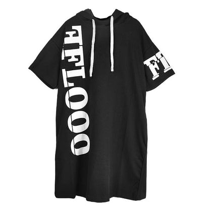 XITAO Hooded Letter Printing Drawstring Dress Casual Loose Fitting Knee-length Half Sleeve Pullover Summer Women Dress GMM1194
