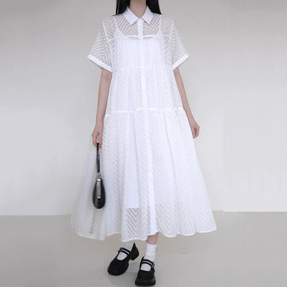 XITAO Loose Solid Color Hollow Out Dress Single Breasted Short Sleeve All-match New Arrival Temperament Woman Dress ZMY1261