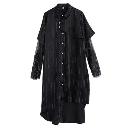XITAO Lace Patchwork Asymmetrical Dress Single Breasted Turn-down Collar Long Sleeve Side Split Casual Temperament Dress ZMY1322