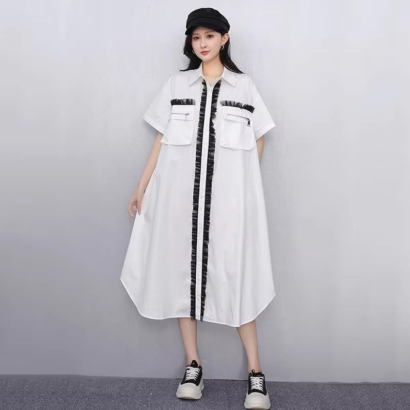 XITAO Patchwork Pocket Contrast Color Dress Turn-down Collar Single Breasted A-line Loose Fitting Simple Summer Dress ZMY1371