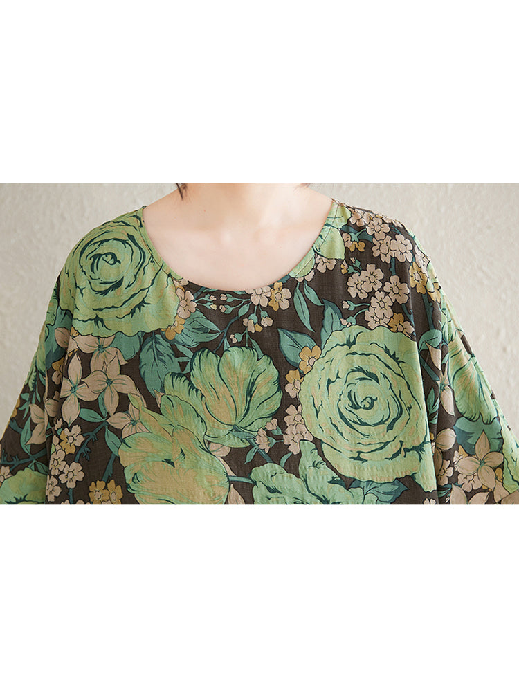 XITAO Print Floral Pleated Dress Casual Loose Fitting Bohemian Style O-neck A-line Slimming Summer Women Dress ZMY1082