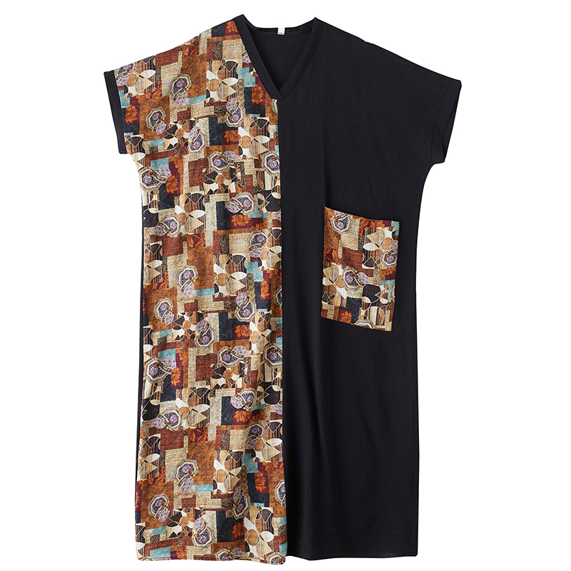 XITAO V-neck Pullover Short Sleeve Pocket Dress Contrast Color Patchwork Loose All Match Summer Slimming Women Dress ZMY1084
