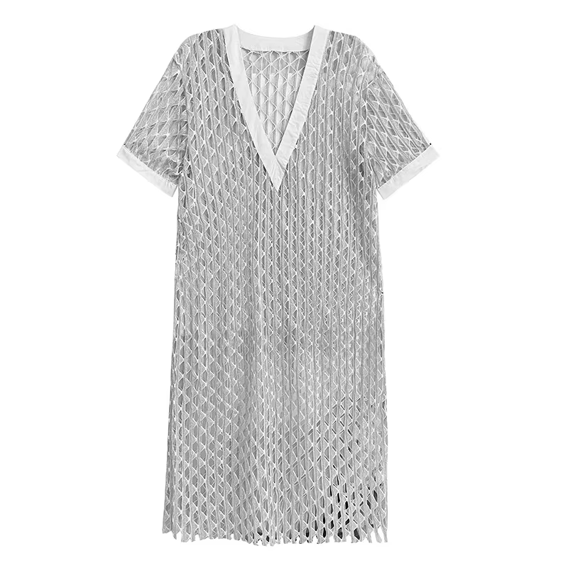 XITAO Hollow Out V-neck Short Sleeve Dress Casual Solid Color A-line Grid Loose Europe Comfortable Summer Women Dress GYX1577