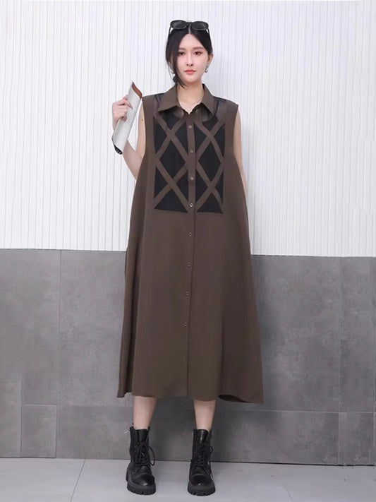 XITAO Mesh Perspective Sleeveless Dress Single Breasted Patchwork Turn-down Collar Loose Mid-calf A-line Casual Dress GYX1528