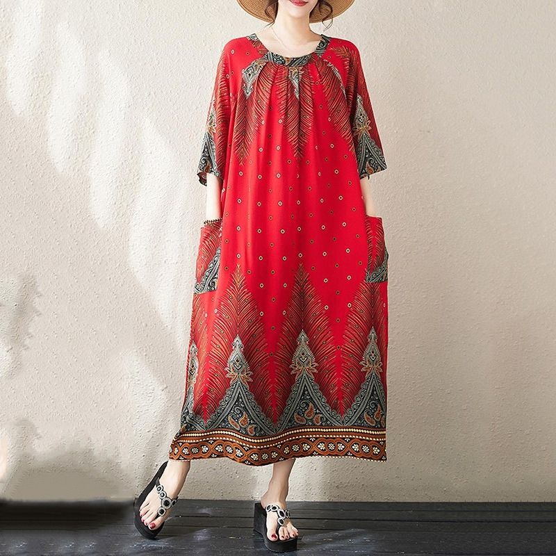 XITAO Print Folds Half Sleeve Dress Casual Loose Fitting O-neck Chinese Style A-line Comfortable Summer Women Dress ZMY1103