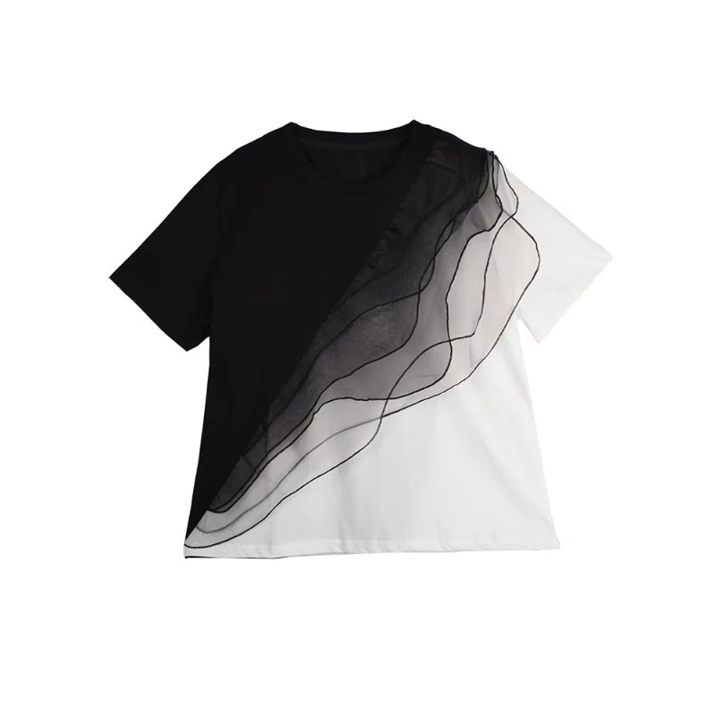 XITAO Patchwork Contrast Color Mesh T-Shirt Casual Loose Fitting O-neck Short Sleeve New Pullover Summer Women Top GYX1667